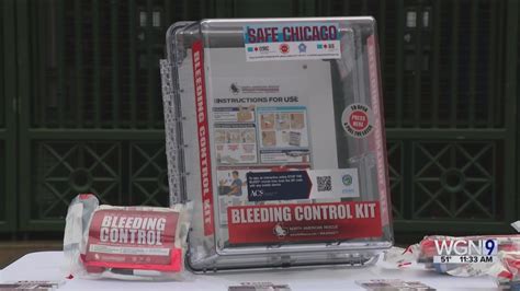 Bleeding control kits at wall stations in Wrigley Field